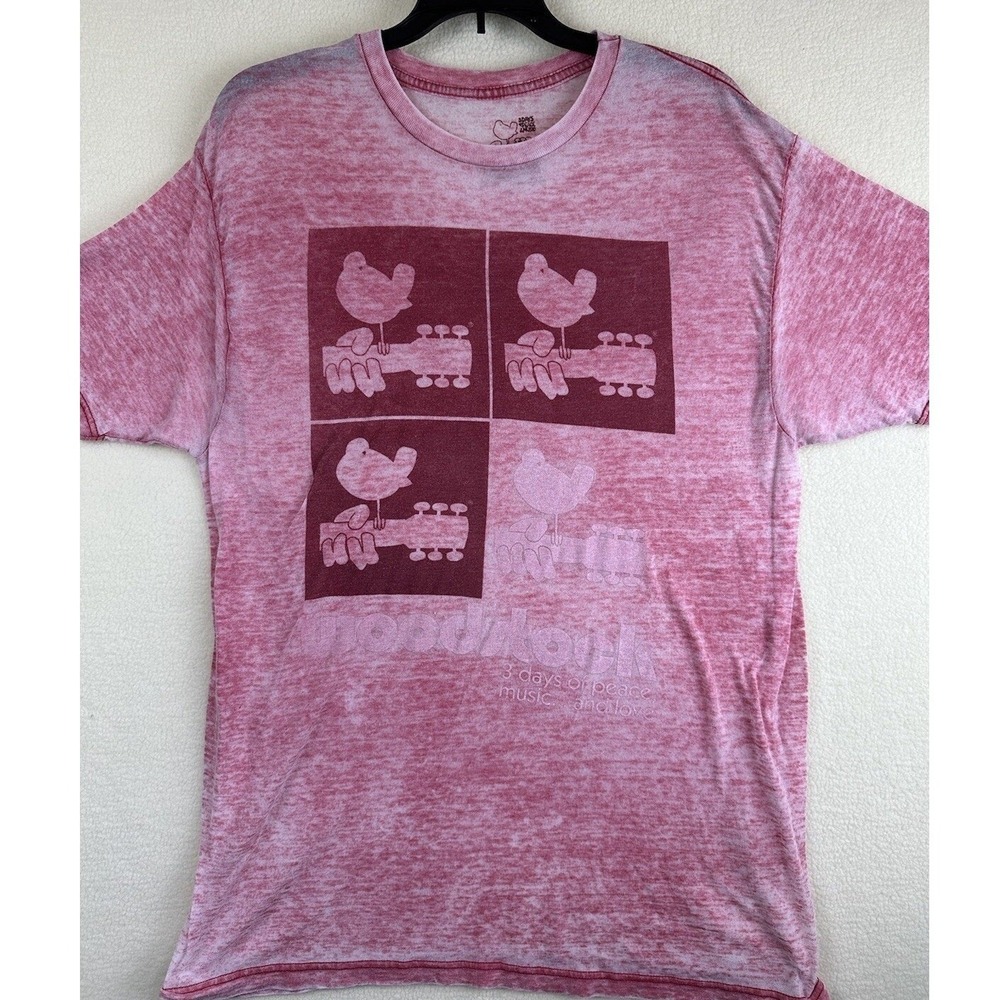 Woodstock Graphic T-Shirt Pink Burnout Bird on Guitar Music Festival Size L